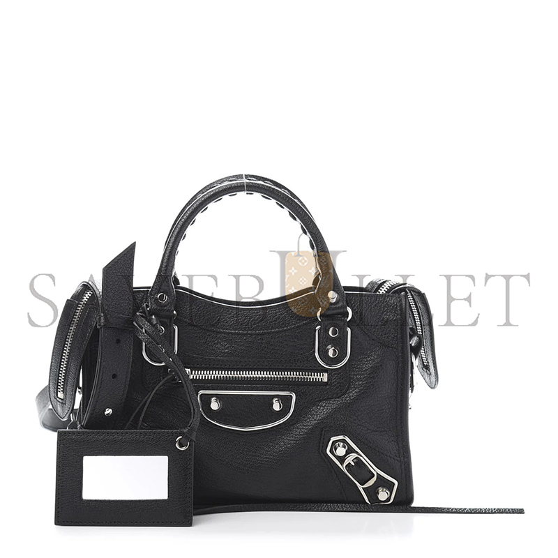BALENCIAGA CHEVRE SILVER METALLIC EDGE HARDWARE MINI CITY BLACK (24*16*9cm)